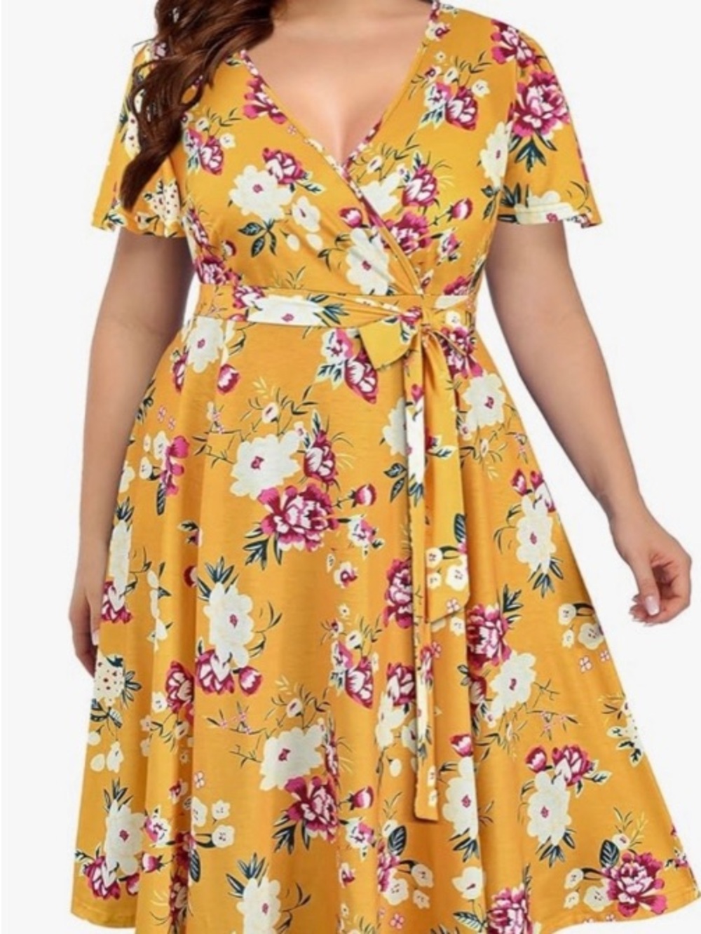 Plus Size Wrap V Neck Midi Casual Short Flutter Sleeve Dress Yellow Floral